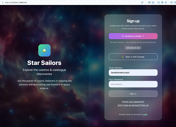 The image displays a work-in-progress authentication screen for the 'Star Sailors' application.