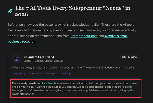 A webpage listing 'The 7 AI Tools Every Solopreneur Needs in 2026' with a focus on content creation AI tools, highlighting HeyNews as an AI newsletter writer.