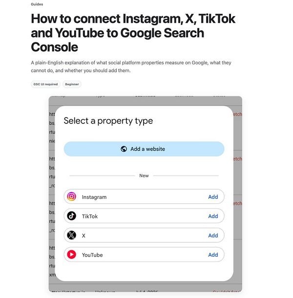 Infographic illustrating how to connect Instagram, X (Twitter), TikTok, and YouTube to Google Search Console for better content performance analysis.