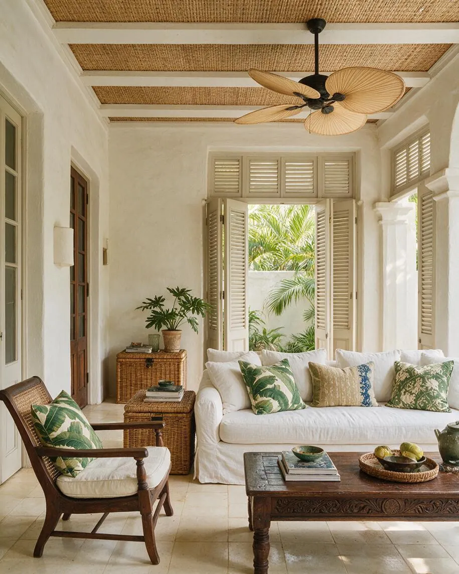 A bright tropical backyard lounge with white plaster walls, shuttered doors open to lush greenery, and a woven bamboo ceiling beneath a black ceiling fan. The space includes a white sofa with leafy green pillows, a carved wooden coffee table, wicker storage pieces, and a wood-framed armchair with cushioned seating.