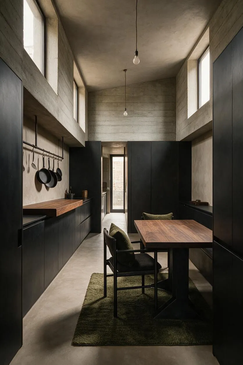 A narrow Brutalist kitchen with raw concrete walls and ceiling, tall clerestory windows, and matte black cabinetry. A wood dining table with black chairs sits on an olive green rug, while hanging pans and a simple pendant light add functional contrast.
