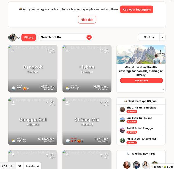 The image displays a user interface for a digital nomad platform showcasing various cities with relevant data.