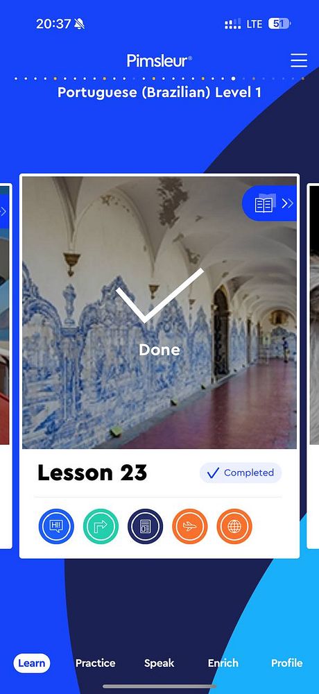 The image displays a completed lesson screen from the Pimsleur language learning app for Portuguese.