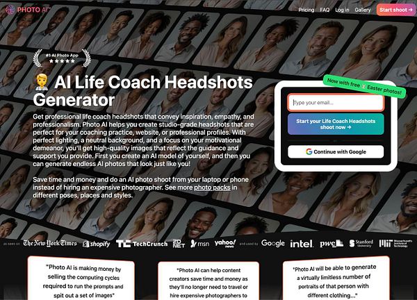 The image promotes an AI tool for generating professional headshots for life coaches.