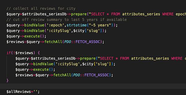 The image displays a code snippet for querying a database to collect reviews for a city, focusing on the last five years.