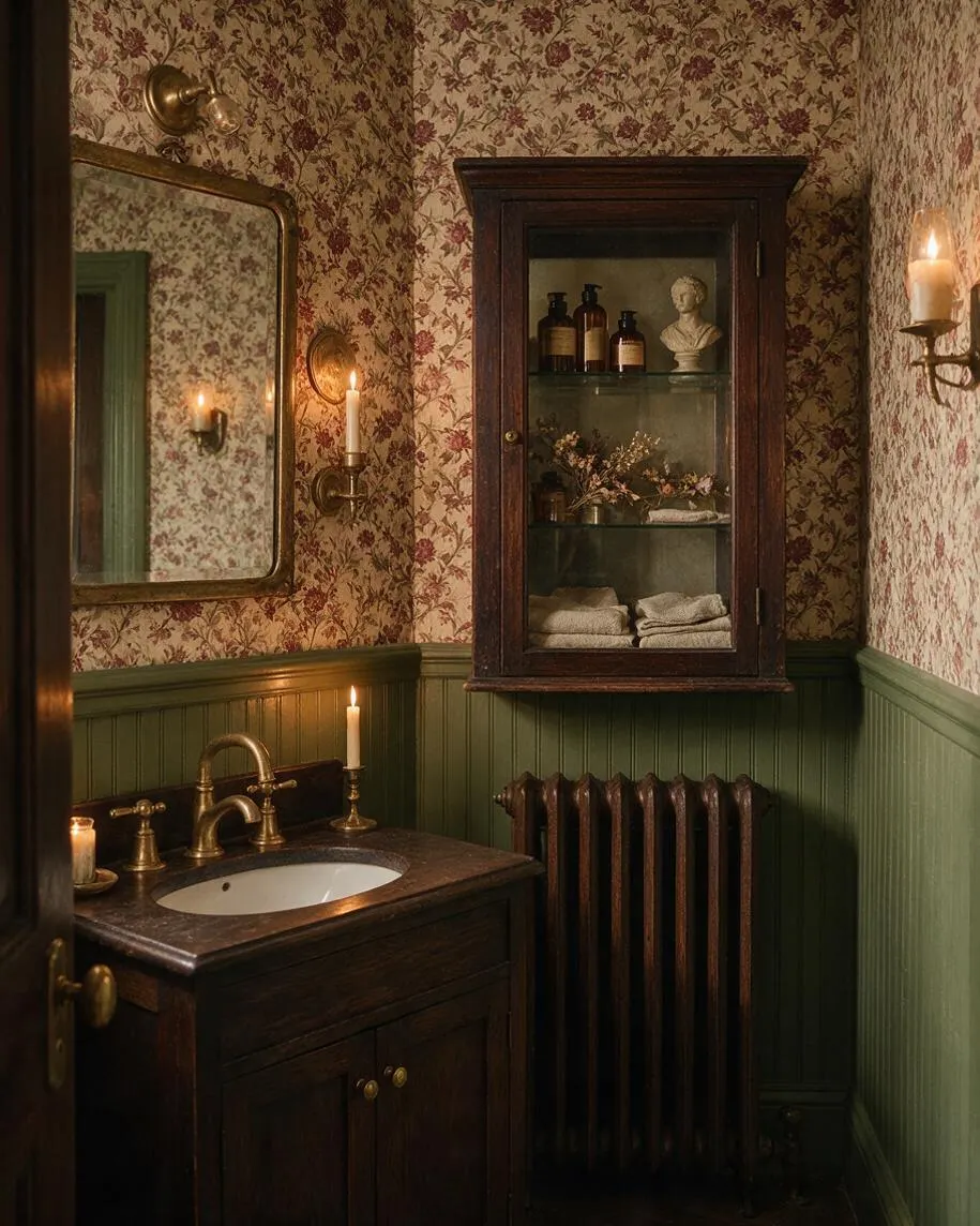 A moody bathroom with burgundy floral wallpaper, deep green wainscoting, and a dark wood vanity topped with a stone sink. Brass fixtures, candle sconces, a wall mirror, a glass-front cabinet, and a cast-iron radiator create a richly layered Dark Academia atmosphere.