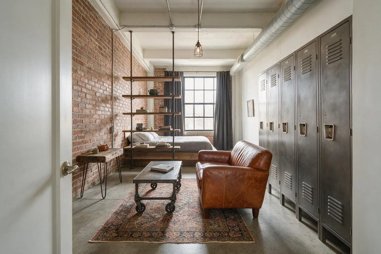 A compact studio apartment features an exposed red brick wall, concrete floor, and a large metal locker storage wall. The space includes a low platform bed near a tall window, a brown leather armchair, a rustic wheeled coffee table, open wood-and-metal shelving, and industrial pipe and pendant lighting.