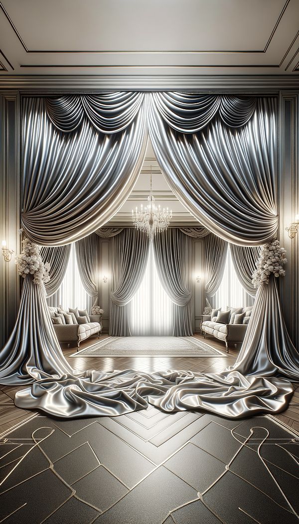 A set of luxurious, flowing drapes made from shimmering acetate fabric, casting a soft, diffused light into an elegantly furnished room.