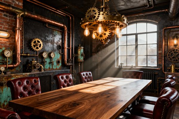 A steampunk dining room features a long walnut slab table surrounded by tufted oxblood leather chairs. Walls combine exposed brick and riveted blackened steel with oxidized teal panels, lined with copper pipes, brass valves, and pressure gauges; an oversized brass-gear chandelier with Edison bulbs hangs above as sunbeams stream through an arched factory window, illuminating the richly grained wood and casting a warm, industrial glow.
