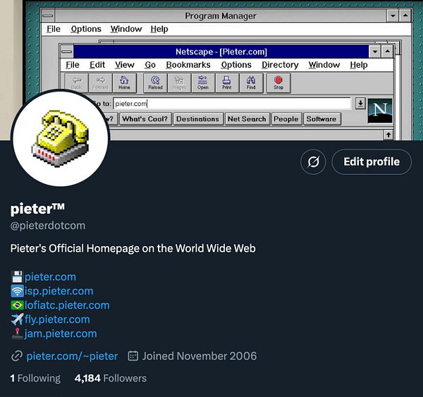 The image features a retro computer interface displaying a web browser alongside a Twitter profile.