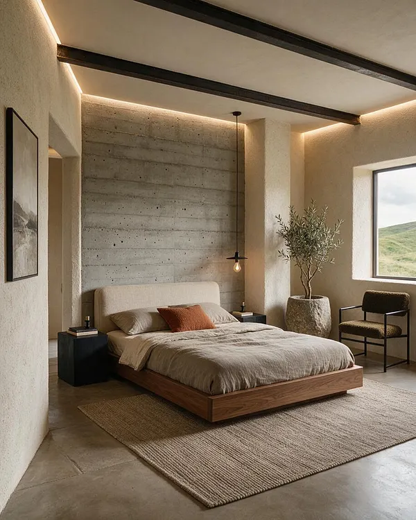 A master bedroom with a low wooden platform bed dressed in beige bedding and an rust-colored accent pillow, set against a raw concrete wall. The room features textured plaster walls, exposed dark ceiling beams, a woven area rug, black bedside tables, a hanging pendant light, a potted olive tree, and a window with a view of green hills.