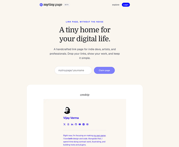 Screenshot of a beta webpage titled 'My Tiny Page' displaying a minimalistic dark-themed interface with a large circular button and footer links.