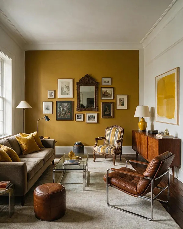 A living room with a mustard-yellow accent wall displaying a gallery of framed art and a carved antique mirror. The space mixes a gray sofa with mustard pillows, a striped vintage armchair, a leather lounge chair, glass coffee table, wood sideboard, and warm brass and wood accents.