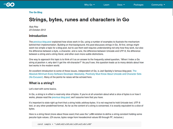 The image displays a blog post titled 'Strings, bytes, runes and characters in Go' from The Go Blog.