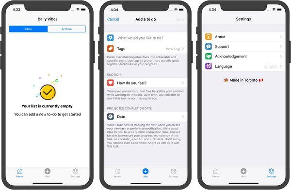 The image displays a mobile app interface for managing daily tasks, featuring sections for to-do lists, adding tasks, and settings.