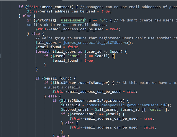 The image displays a code snippet from a PHP script related to email verification for a hotel booking system.