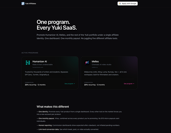 Screenshot of Yuki Affiliates dashboard displaying affiliate earnings, links, and user interface options.