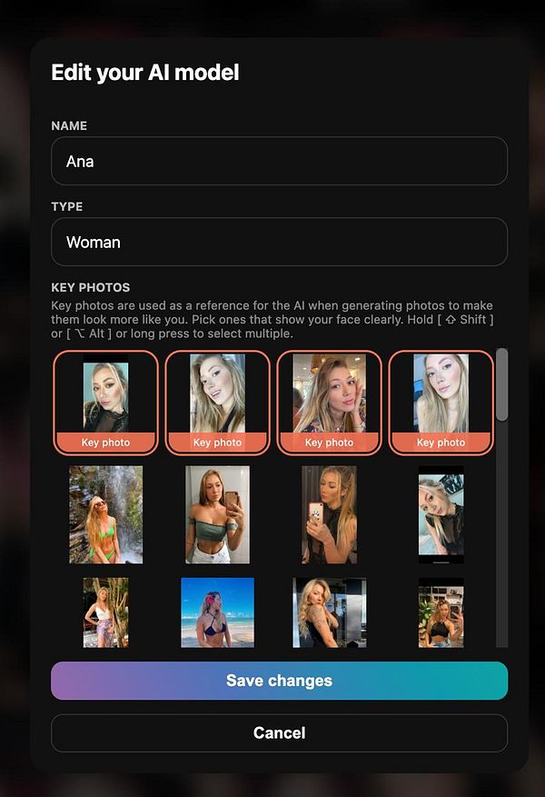 Screenshot of a user interface for sorting keyframes in a photo AI model editor.