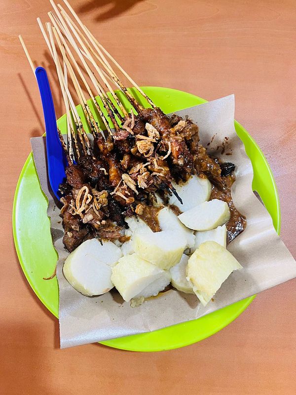 A plate of satay skewers served with rice cakes.