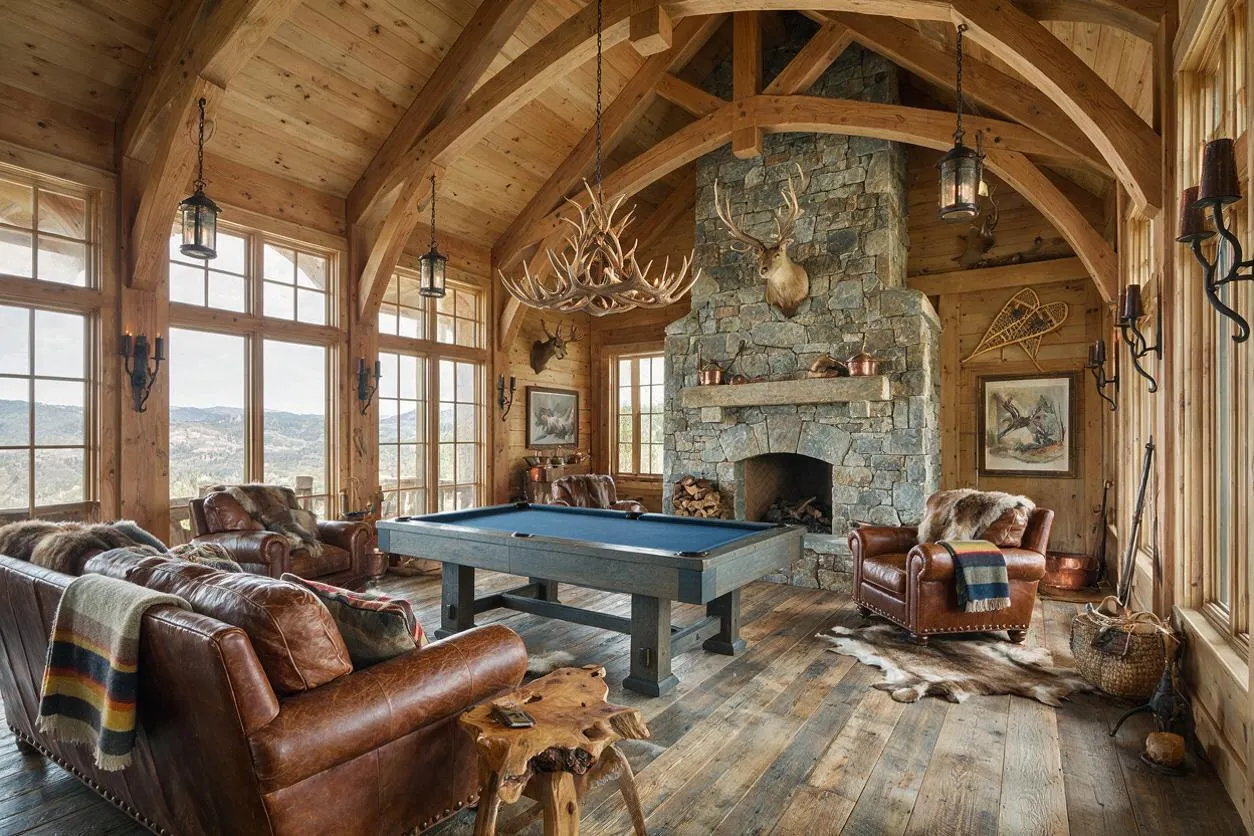 A rustic game room with exposed wood beams, tall windows, and a central pool table on worn wood floors. Leather armchairs, a large stone fireplace with mounted antlers, and lantern-style pendant lights create a warm lodge atmosphere.