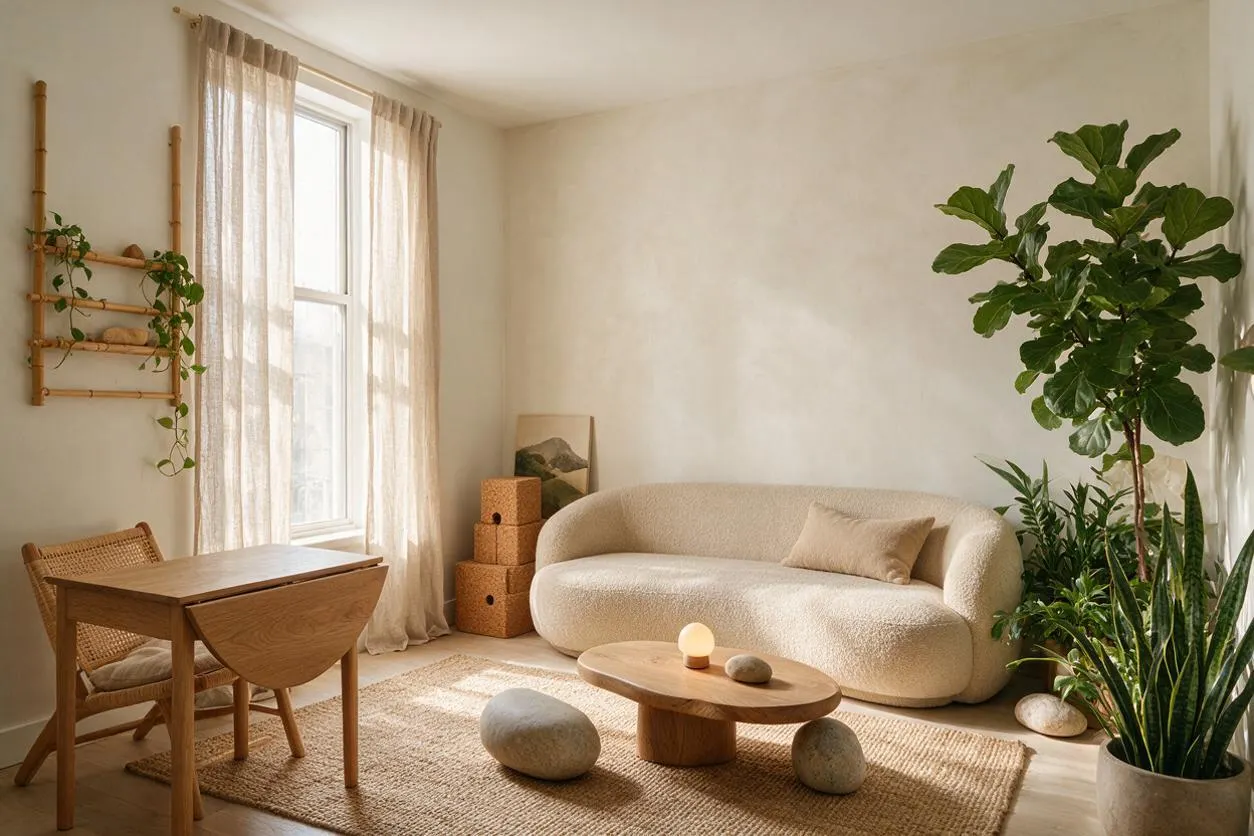 A bright studio apartment with a soft cream bouclé sofa, a low oval wooden coffee table, and a woven jute rug. A small wooden dining table and cane chair sit by a window with sheer curtains, while several lush green plants and bamboo wall decor add a calm biophilic feel.