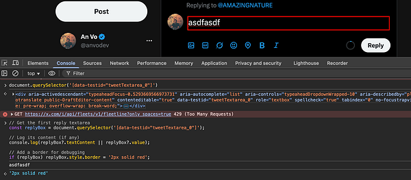 A screenshot of a web console displaying a Twitter reply interface and associated JavaScript code.