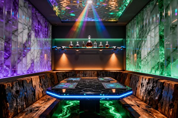 A futuristic dining booth framed by backlit stone panels glows in green and purple, surrounding a square black-stone table with blue LED edges and circuit-board placemats. Reclaimed timber benches wrap three sides. A mirrored ceiling casts rainbow light beams onto a floating bar shelf displaying glass decanters, while warm wall washers and under-table green lighting create a dramatic, cyberpunk atmosphere.