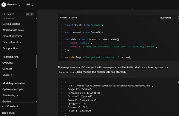 The image displays a code snippet for integrating the Sora 2 API to create a video using OpenAI.