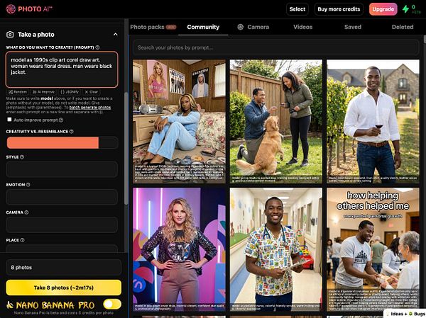 Screenshot of a web application showing multiple example photos in a Community tab with a dark theme interface and a left sidebar.