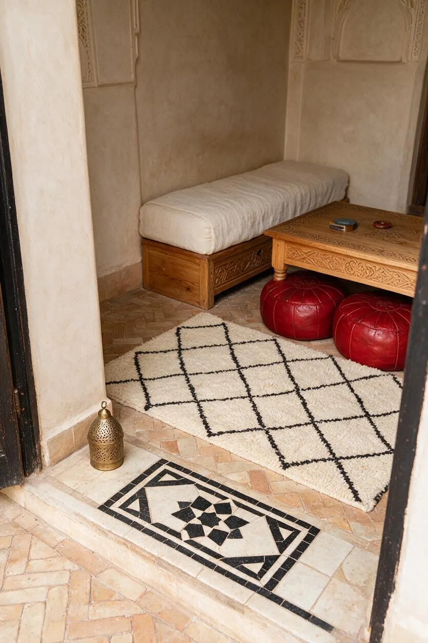 A small Moroccan-style front porch with cream plaster walls, a cushioned wooden bench, and a carved wooden coffee table. Red leather poufs, a black-and-cream diamond rug, and a decorative mosaic tile inset add warmth and authentic craftsmanship.