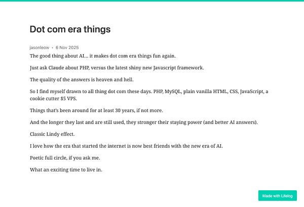 A blog post discussing the relevance of dot-com era technologies in the context of modern AI.