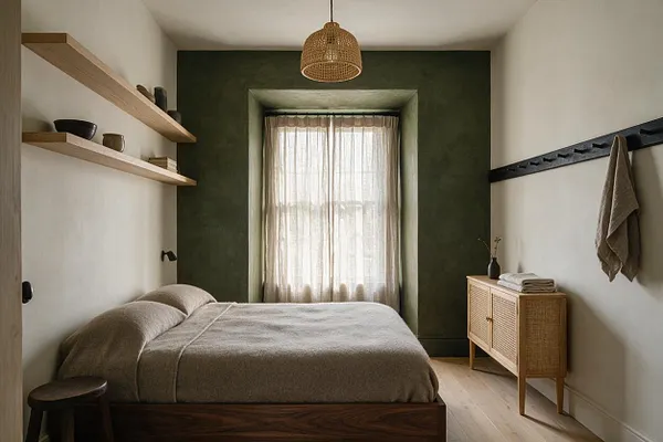 A calm guest bedroom in Japandi style with a low wood bed dressed in soft beige bedding, a dark olive green accent wall around a centered window, and sheer curtains filtering natural light. Floating wooden shelves, a woven pendant light, a rattan cabinet, and minimal black accents complete the warm, understated look.