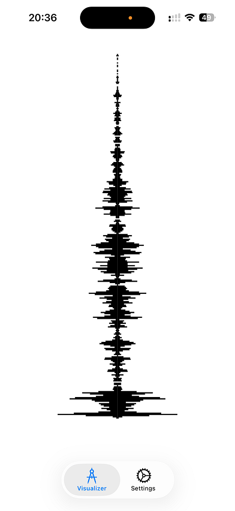 Screenshot of an iPhone app displaying a live microphone frequency spectrum with a graph and control buttons.