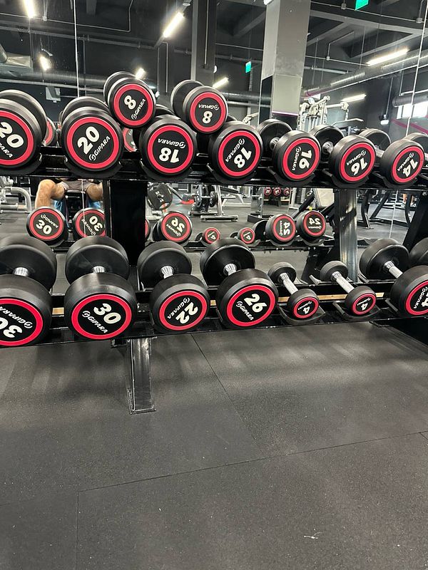 A rack of dumbbells in a gym setting.