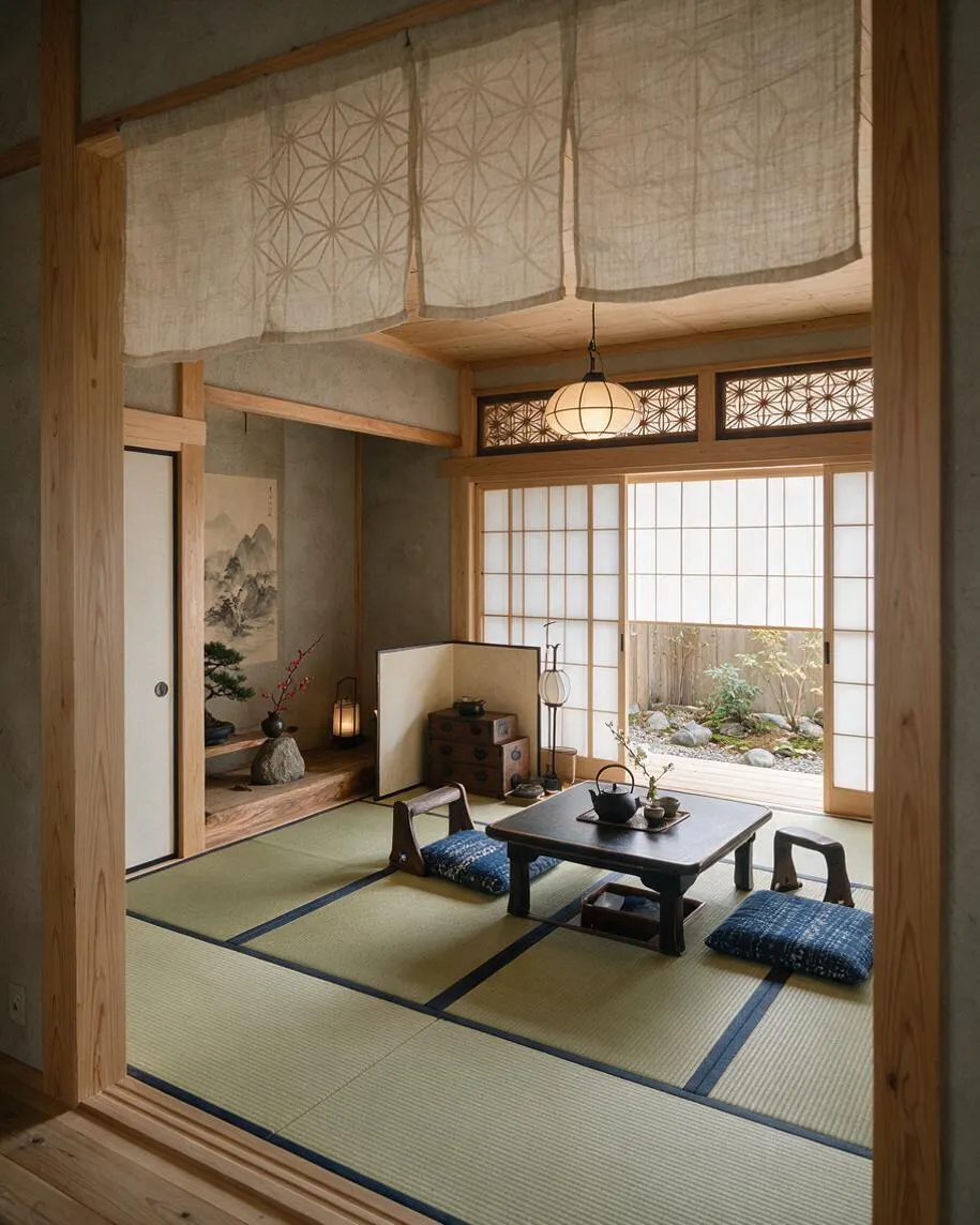 A calm Japanese Zen-style room opens to a small backyard garden through shoji screens. The space features tatami mats, a low black tea table, blue floor cushions, warm wood framing, and a hanging paper lantern, with neutral linen curtains and a simple stone-and-plant garden beyond.