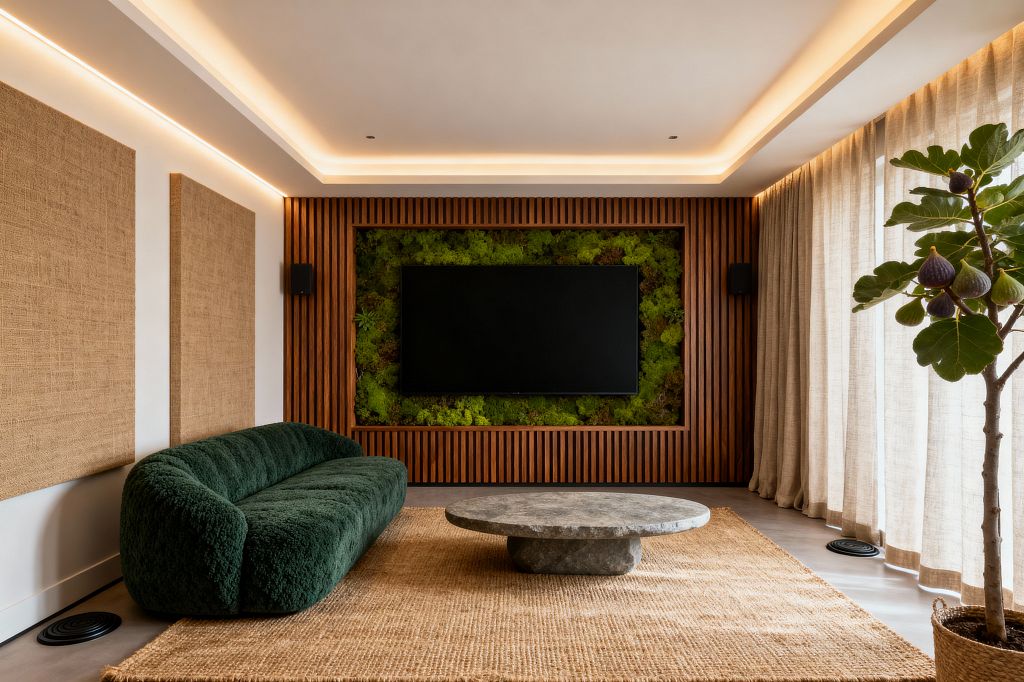 A contemporary media room features a vertical wood-slat wall that frames a large flat-screen TV set into a green moss panel. A rounded forest-green bouclé sofa faces a low round gray stone coffee table on a chunky jute rug. Beige fabric acoustic panels line the side wall, sheer linen curtains cover floor-to-ceiling windows, warm cove lighting glows at the ceiling, and a potted fig tree sits to the right.
