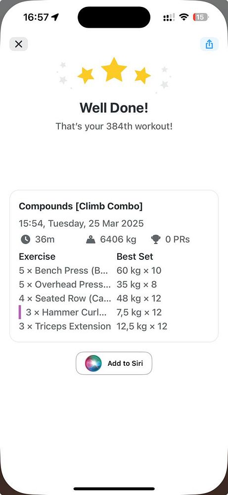 The image displays a workout summary from a fitness app, highlighting a user's achievements.