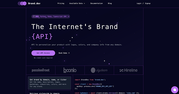 The image displays a webpage for Brand.dev, showcasing an API service for branding.