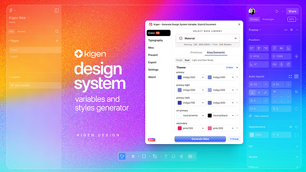 The image displays a user interface for the Kigen design system, showcasing a dual color mode feature.