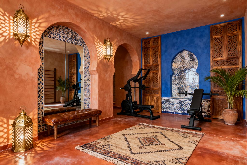 A Moroccan-inspired home gym with terracotta plaster walls and a vivid cobalt feature wall centered by an ogee-arched niche tiled in blue-and-white zellige. Arched openings trimmed in mosaic flank a full-height mirror, brass lantern sconces cast patterned light, and a tufted leather bench and Berber wool rug sit on a burnished terracotta concrete floor beside black steel weight equipment, carved wood screens, and a potted palm.