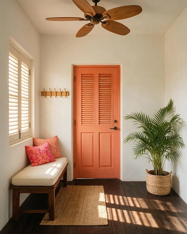 A tropical-style entryway with a coral louvered front door, white walls, and dark wood flooring. A cushioned bench with patterned pink pillows sits under shuttered windows, while a potted palm in a woven basket and a ceiling fan with wooden blades add warmth and natural texture.