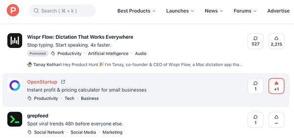 Product Hunt launch page for OpenStartup showing votes, comments, and product details.