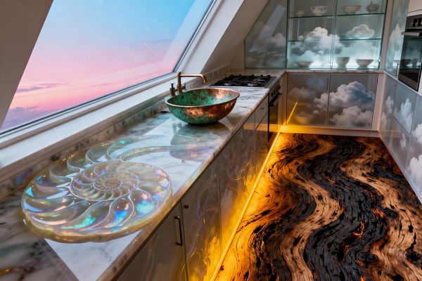 A compact galley kitchen under a sloped roof features a large triangular window showing a pink-to-blue sunset. White-gray marble countertops include an iridescent nautilus inlay and a patinated copper vessel sink with a brass faucet. Cabinet doors and a glass display wall carry cloud imagery, while simple white ceramics sit on glass shelves. The floor resembles rippling charred wood in epoxy, illuminated by warm LED toe-kick lighting.