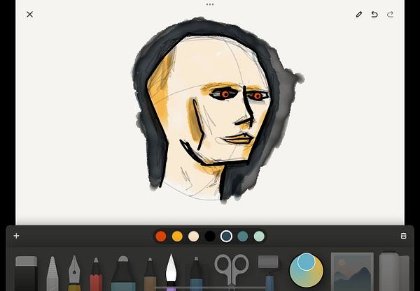 A digital drawing of a stylized human face with distinct features and a dark background.