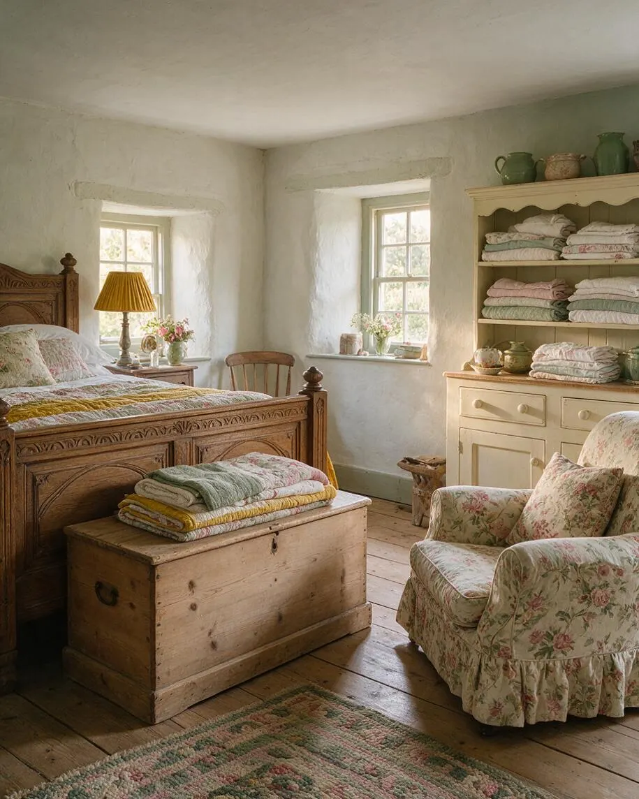 A cozy cottagecore bedroom with a carved wooden bed, floral bedding, and a vintage chest at the foot of the bed. Soft white plaster walls, two small windows, a painted hutch stacked with folded quilts, and a floral upholstered armchair create a warm, nostalgic country atmosphere.