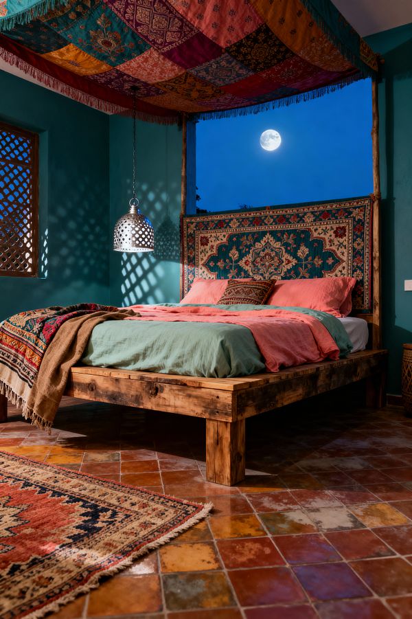 A Bohemian bedroom features a rustic low wooden platform bed dressed in coral and sage linens, set against teal walls. A woven kilim tapestry forms the headboard and a colorful patchwork fabric canopy hangs above. A pierced silver metal pendant casts patterned light onto the walls and terracotta tile floor. A lattice window screen and an open window framing a bright moon complete the layered, global-inspired space.