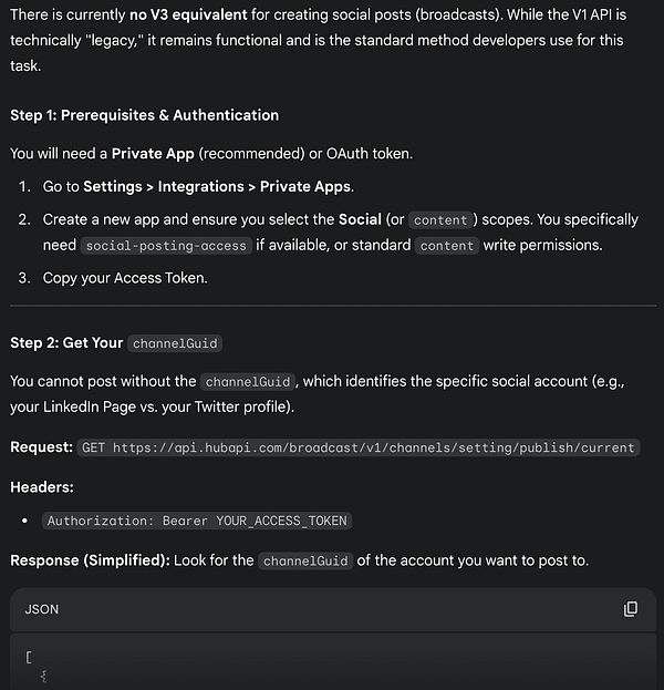 The image displays a technical guide for using HubSpot's API for social media posting.