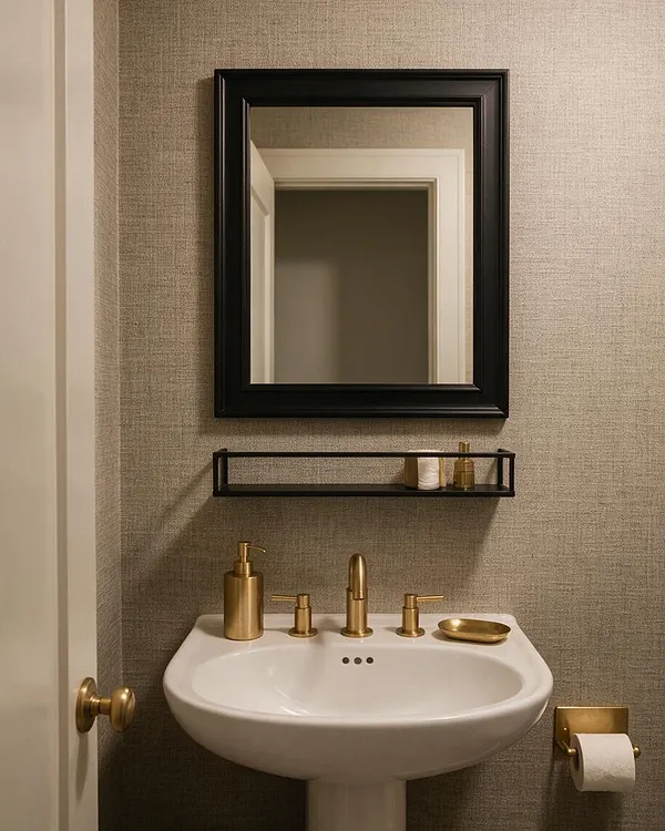 A small transitional powder room with textured taupe wall covering, a black framed mirror, and a floating black shelf above a white pedestal sink. The sink is topped with brass fixtures and accessories, with a brass toilet paper holder mounted on the right and a brass door knob visible on the left.