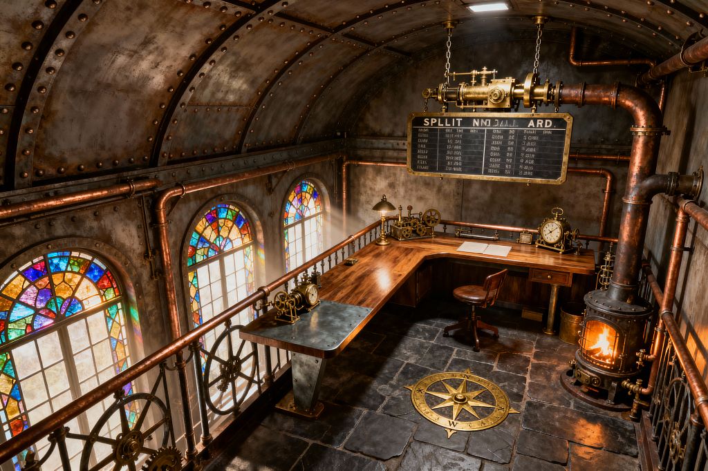 A steampunk home office under a riveted, barrel‑vaulted metal ceiling features an L‑shaped wood desk lined with brass instruments, a vintage task lamp, and a round wooden stool. Exposed copper pipes run along patinated steel walls, three arched stained‑glass windows cast colorful light onto dark stone tiles with a brass compass rose, and a black cast‑iron stove with a visible flame warms the gear‑trimmed railing nearby.