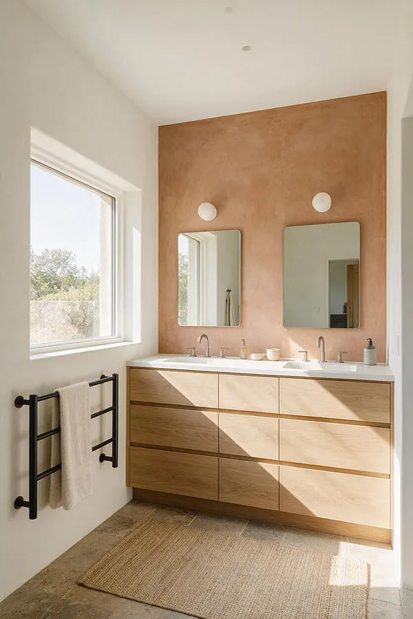 A Scandinavian-style master bathroom with a light wood double vanity, two rectangular mirrors, and a warm clay plaster feature wall. Black towel bars, a woven neutral rug, and a large window with natural light create a calm, minimal space.